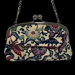 NEW Arabesque Floral Print Fabric Double Kiss Lock Handbag Bright Pink Lining